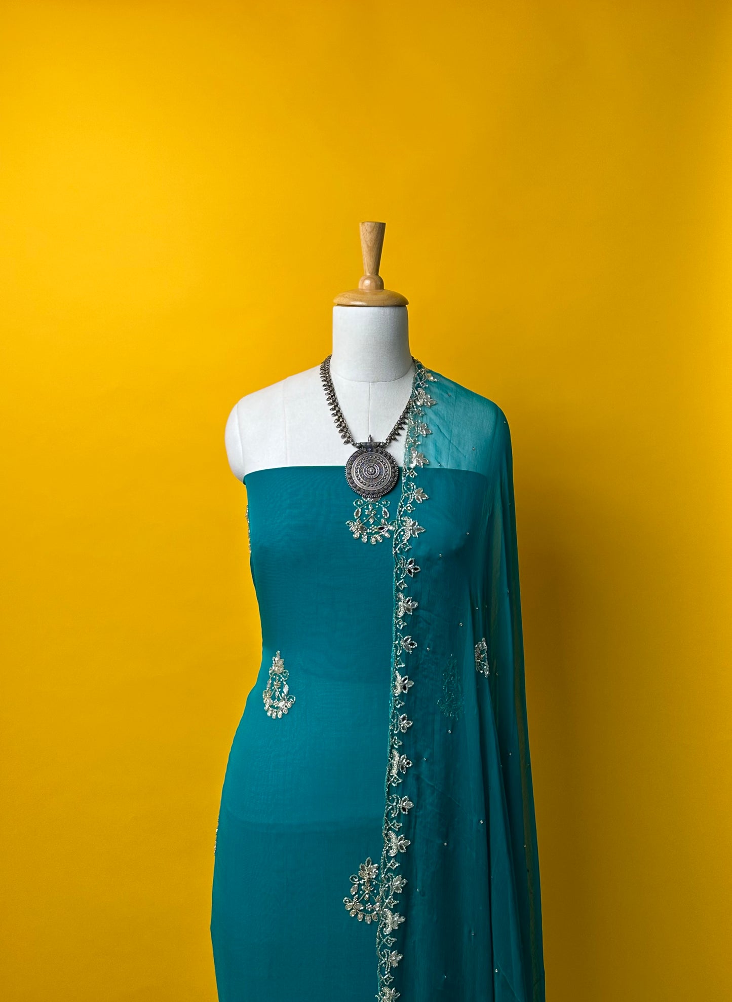 DARK TEAL BLUE SEQUIN KARDANA MIRROR GEORGETTE UNSTITCHED HANDWORK SUIT SET WITH CHIFFON DUPATTA THREE PIECE