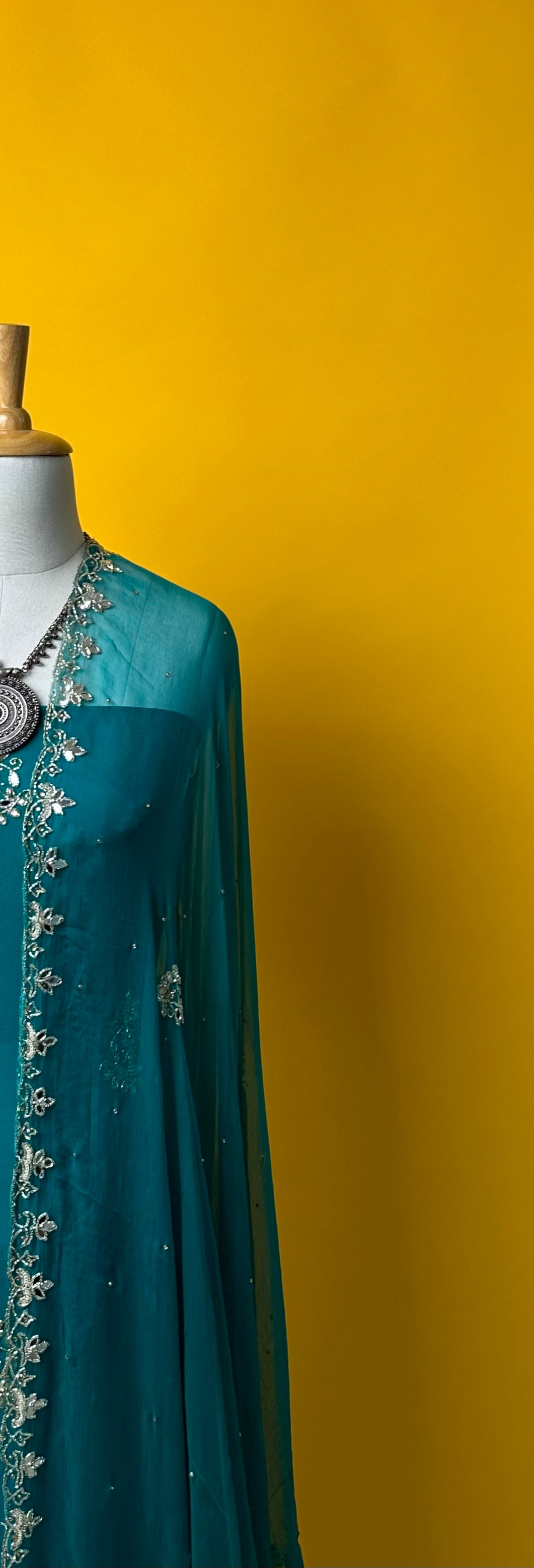 DARK TEAL BLUE SEQUIN KARDANA MIRROR GEORGETTE UNSTITCHED HANDWORK SUIT SET WITH CHIFFON DUPATTA THREE PIECE