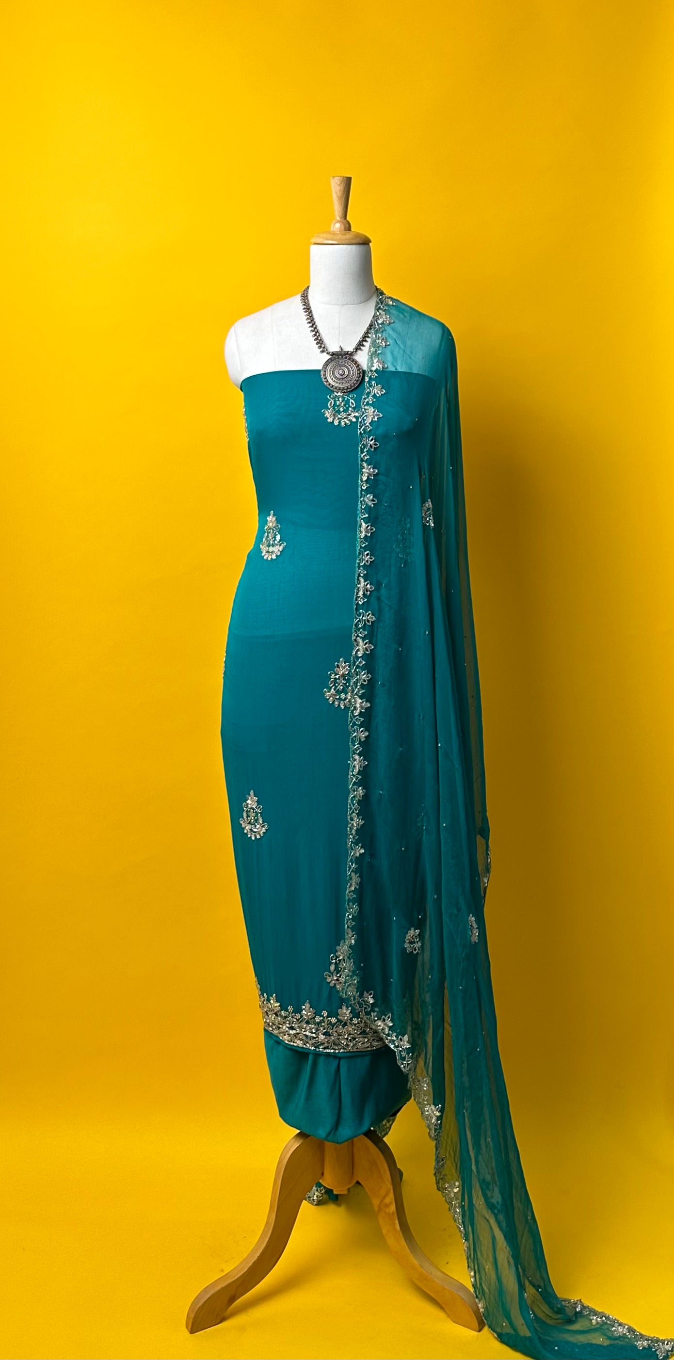 DARK TEAL BLUE SEQUIN KARDANA MIRROR GEORGETTE UNSTITCHED HANDWORK SUIT SET WITH CHIFFON DUPATTA THREE PIECE